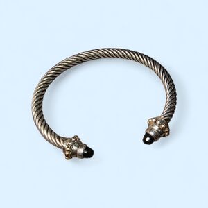 Sterling Silver Twisted Cable Bracelet W/ Gold Accents And Black Stone End Caps